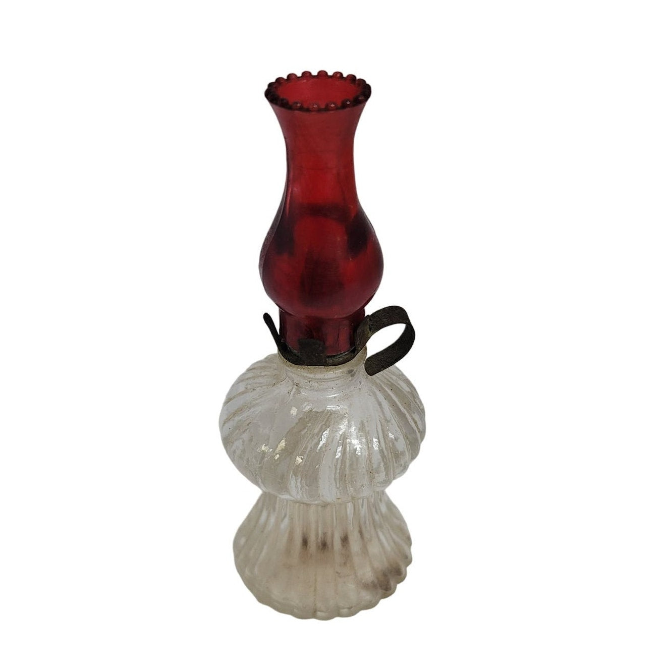 Vintage Mini Faux Oil Lamp Tiny Clear Base Red Chimney 3.5" tall glass plastic