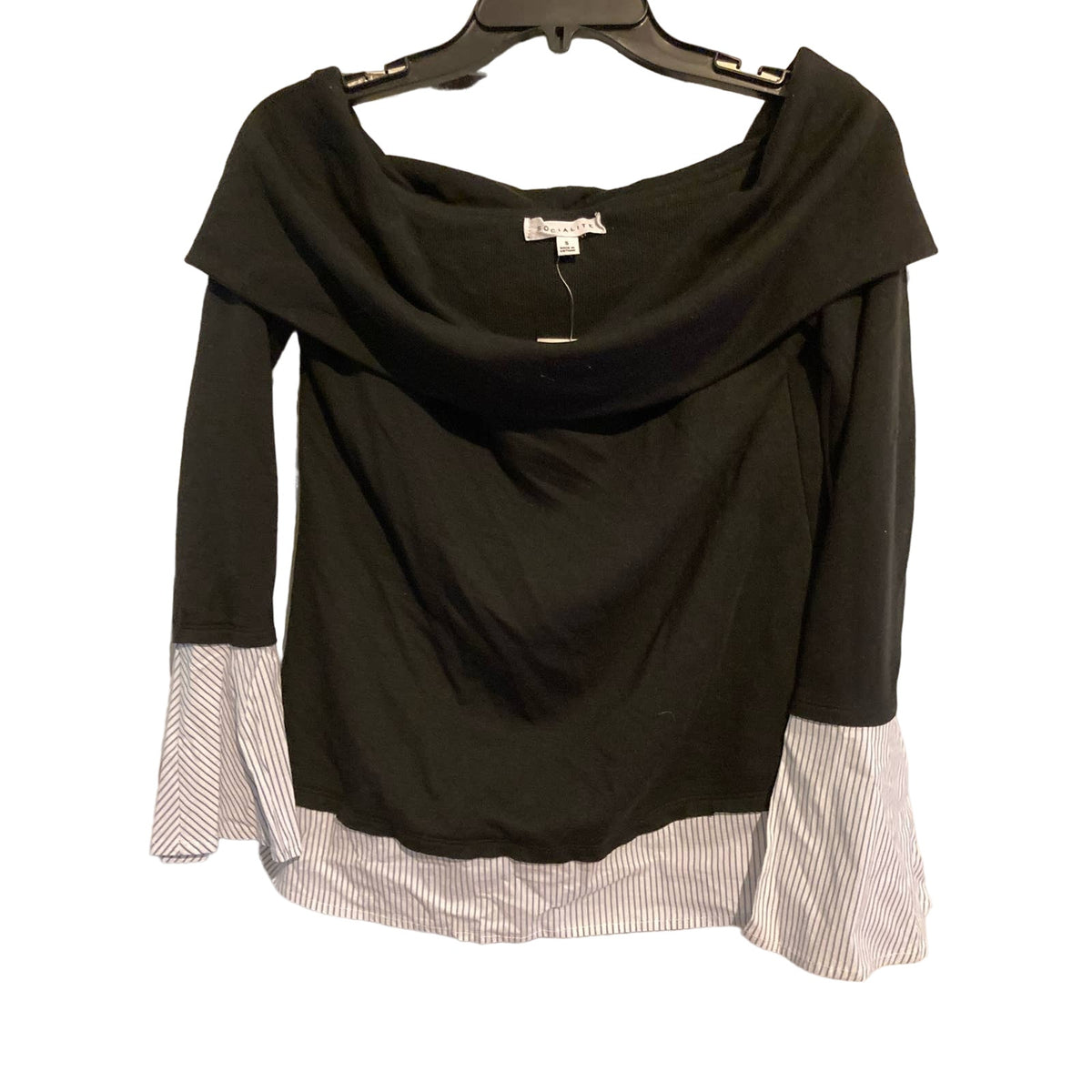 Socialite Cowl Neck Twofer Top Small Black with Blue & White Pinstripe NEW