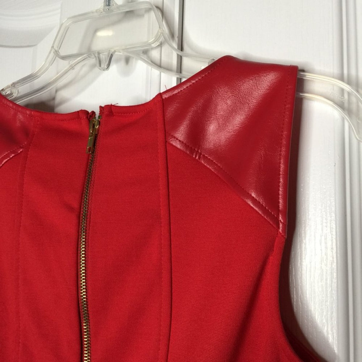 ICE  Sheath Dress Sleeveless Faux Leather Scoop Neck Back Zip Solid Red Size 4