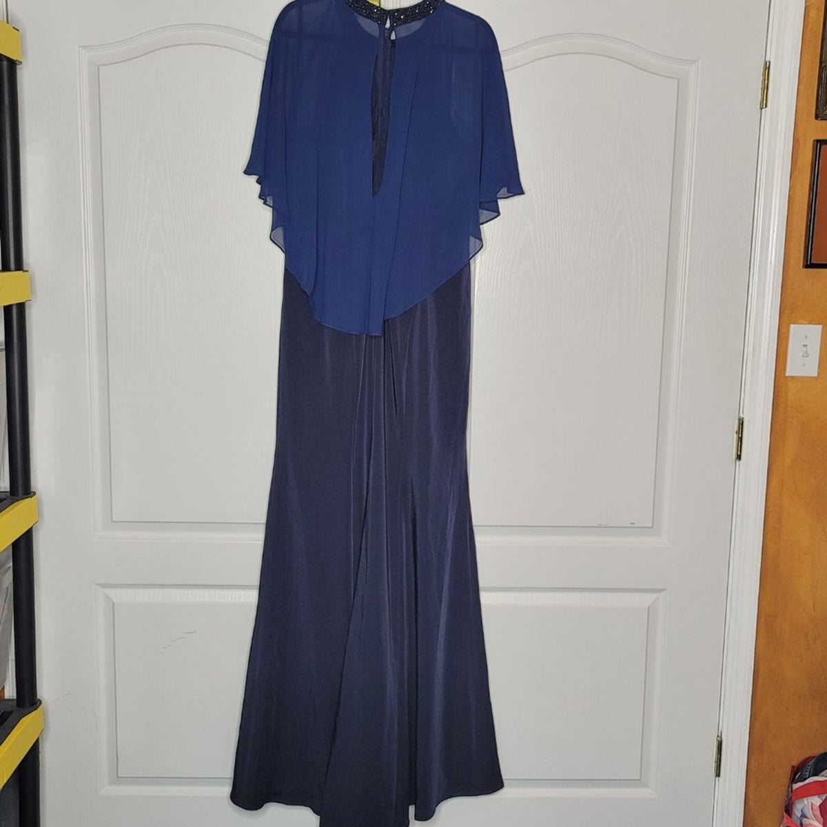 La Femme Navy Illusion Cape Trumpet Gown Jewel Neck Dress Size 16 Wedding Formal