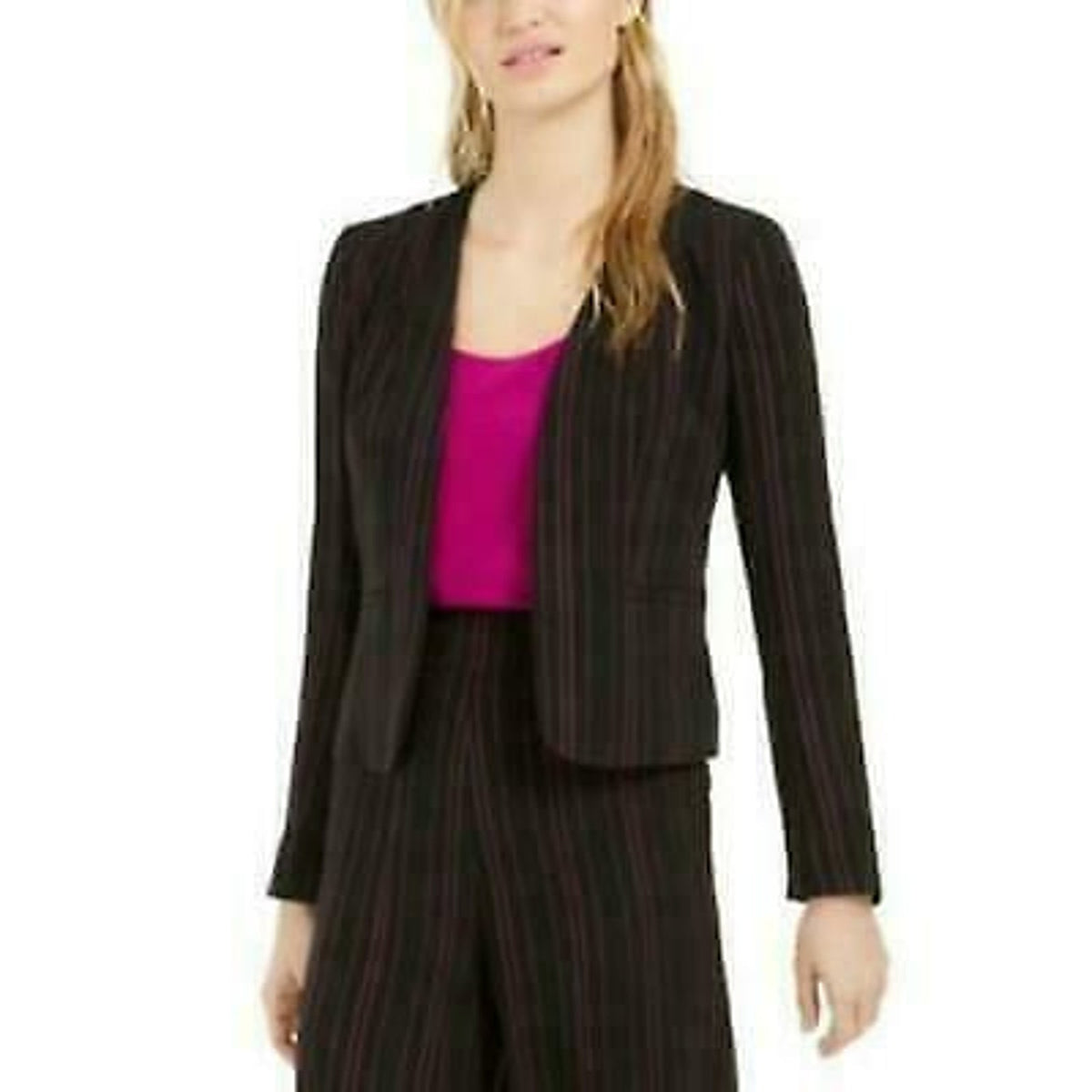 Bar III Open-Front Blazer Jacket Long Sleeve Striped Black/Begonia Career XXS