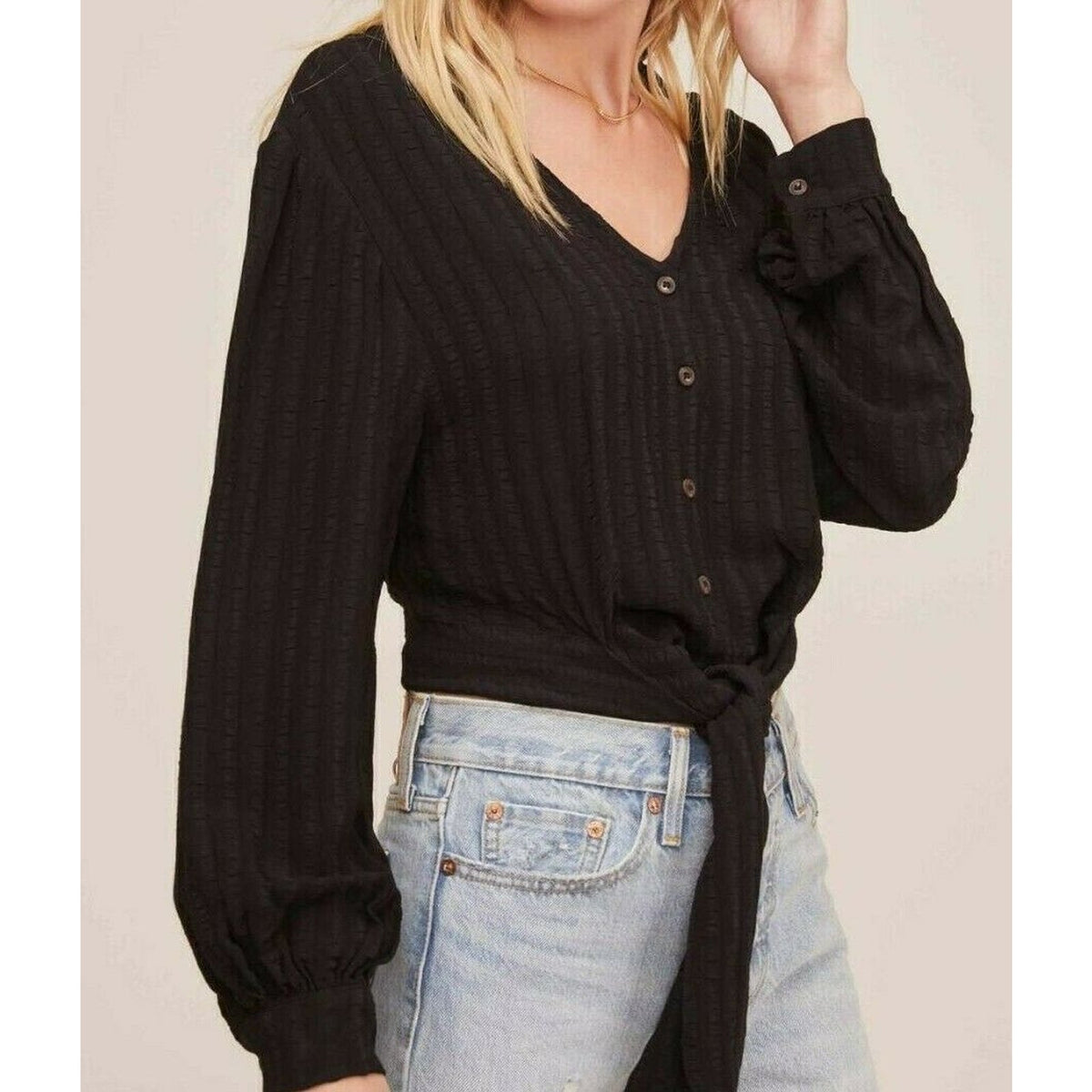 ASTR The Label Black Ribbon Self-tie Top Boho Striped Button Up Long Sleeve