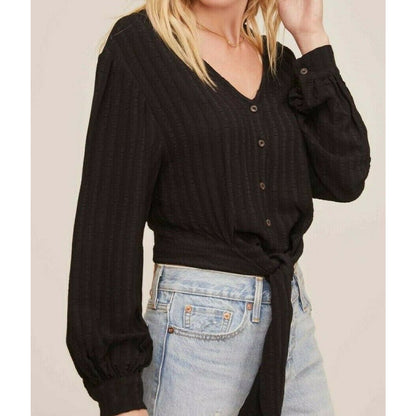 ASTR The Label Black Ribbon Self-tie Top Boho Striped Button Up Long Sleeve
