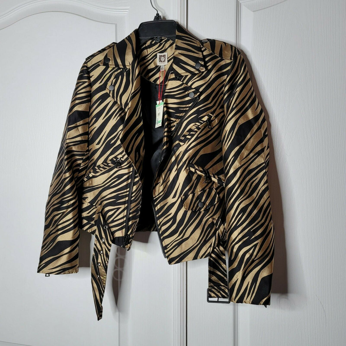 Anne Klein Moto Jacket Animal Print Long Sleeve Vicuna/Gold Black Combo 8