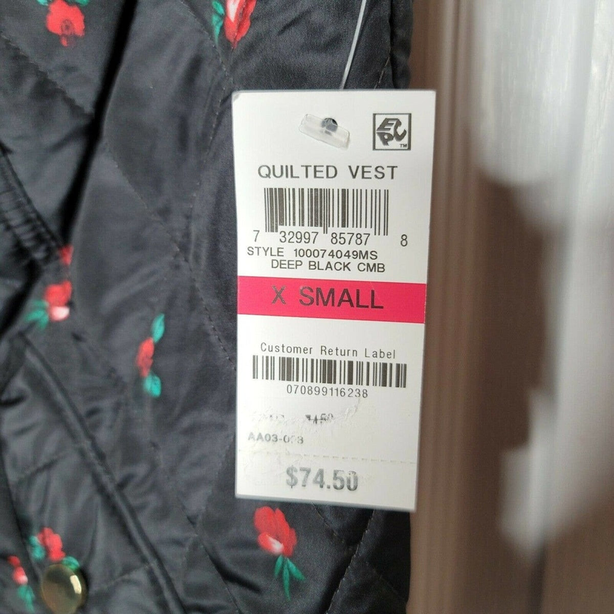 Charter Club xs Floral Quilted Vest Sleeveless High-Neck Deep Black X-Small