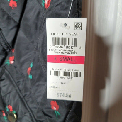 Charter Club xs Floral Quilted Vest Sleeveless High-Neck Deep Black X-Small