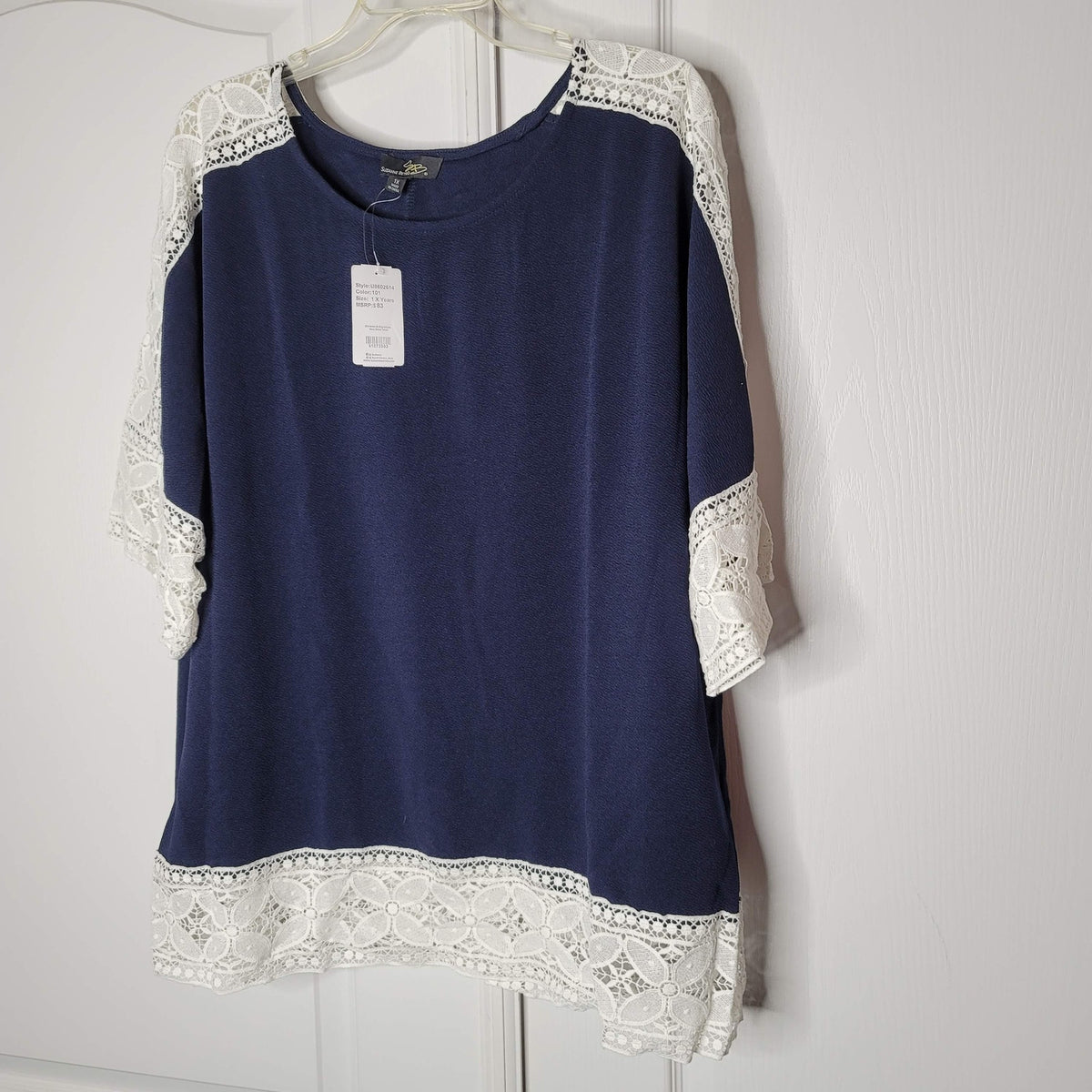Suzanne Betro Short Sleeve Lace Trim Mini Dress Scoop Neck Navy White Size 1X