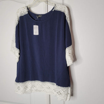 Suzanne Betro Short Sleeve Lace Trim Mini Dress Scoop Neck Navy White Size 1X