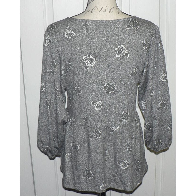 Bobeau Boho Blouse Large Whisper White Black NEW Babydoll Top Peplum 3/4 Sleeve