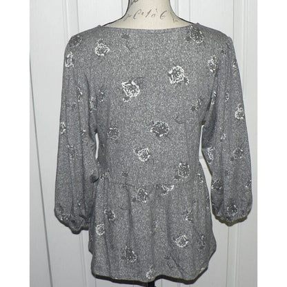 Bobeau Boho Blouse Large Whisper White Black NEW Babydoll Top Peplum 3/4 Sleeve