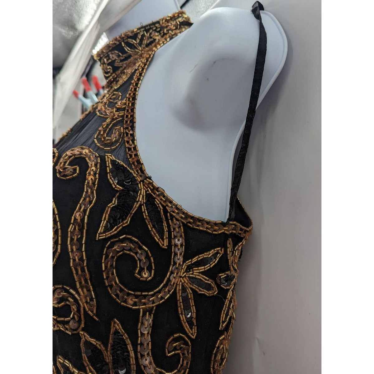 Michael Angelo Beaded Dress Black Gold Silk Sequin Gown Halter Sleeveless Small