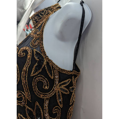 Michael Angelo Beaded Dress Black Gold Silk Sequin Gown Halter Sleeveless Small