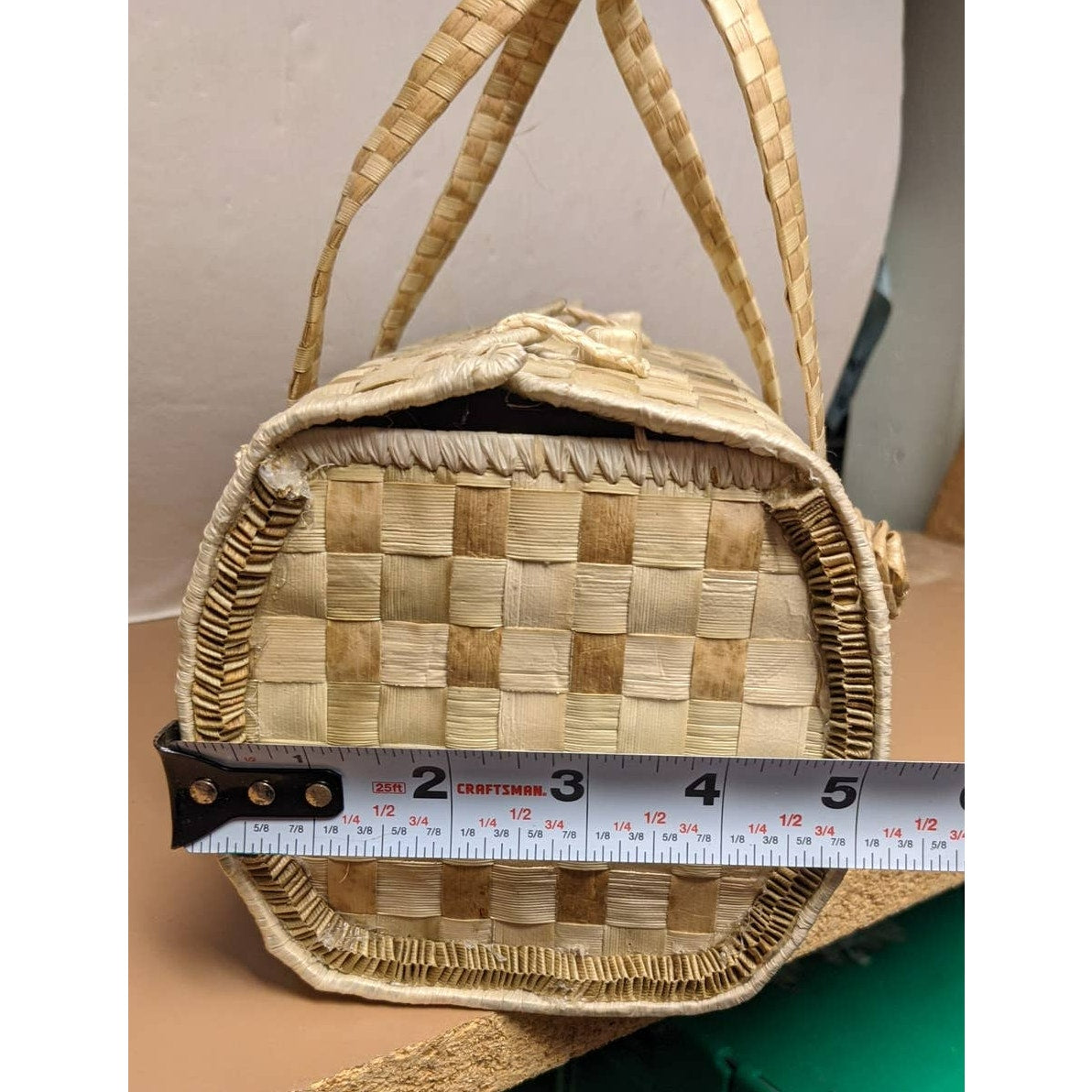Clamshell Handmade Woven Purse with Flowers Bamboo or Grass Handbag Very Stiff