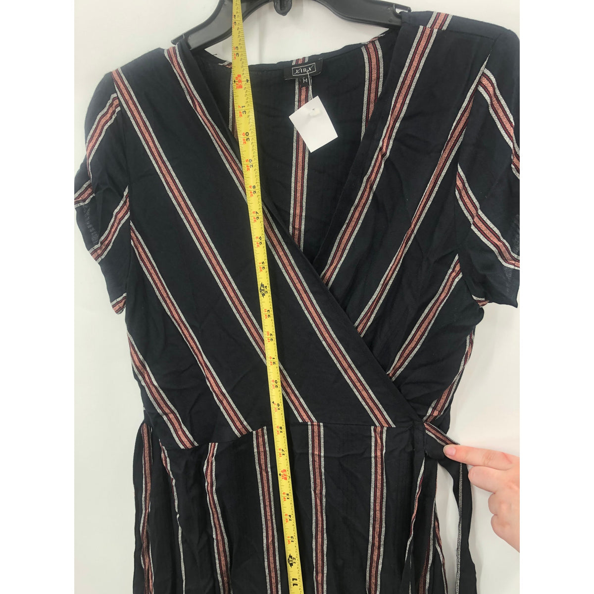 LIRA Women Short Sleeve Pullover Tie Waist Wrap Dress V-Neck Striped Black M
