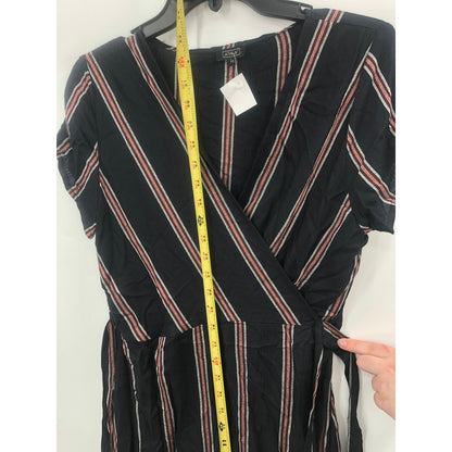 LIRA Women Short Sleeve Pullover Tie Waist Wrap Dress V-Neck Striped Black M