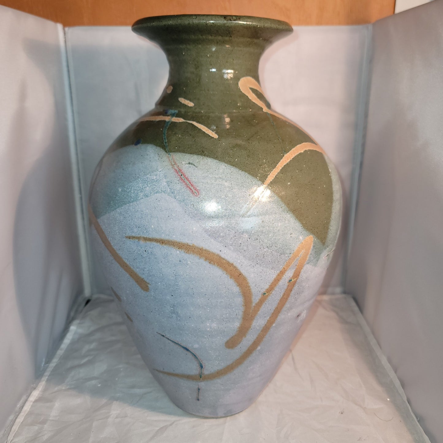 Large art pottery vase URN Clay Signed Pennington Green Blue Modern Design 15.5