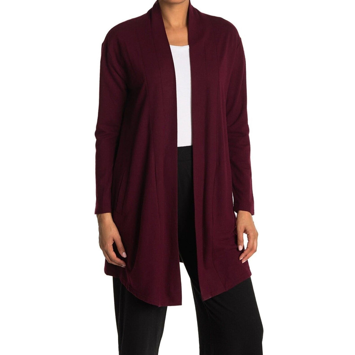 Melloday Open Cardigan Sweater Extra Small Wine NWT Slash Pockets Tunic Length