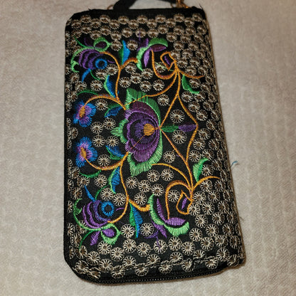 purple Embroidery Sling bag purse Phone Credit card Wallet Adjustable Crossbody