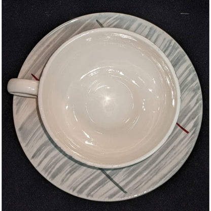 Stetson Vintage Set of 2 Tea Cups and Saucers Midcentury Minimalist Gray Red