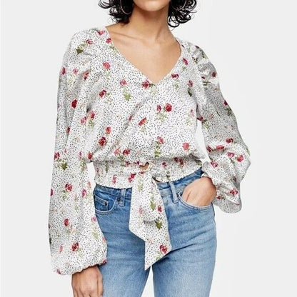 TopShop Women’s Floral Dot Tie Front Satiny Blouse Size 4 White Dots Floral NWT
