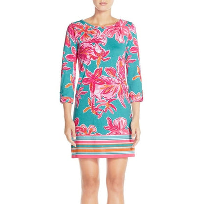 Lilly Pulitzer Linden Jersey Shift Dress in Via Sunny 3/4 Sleeve Turquoise/Pink