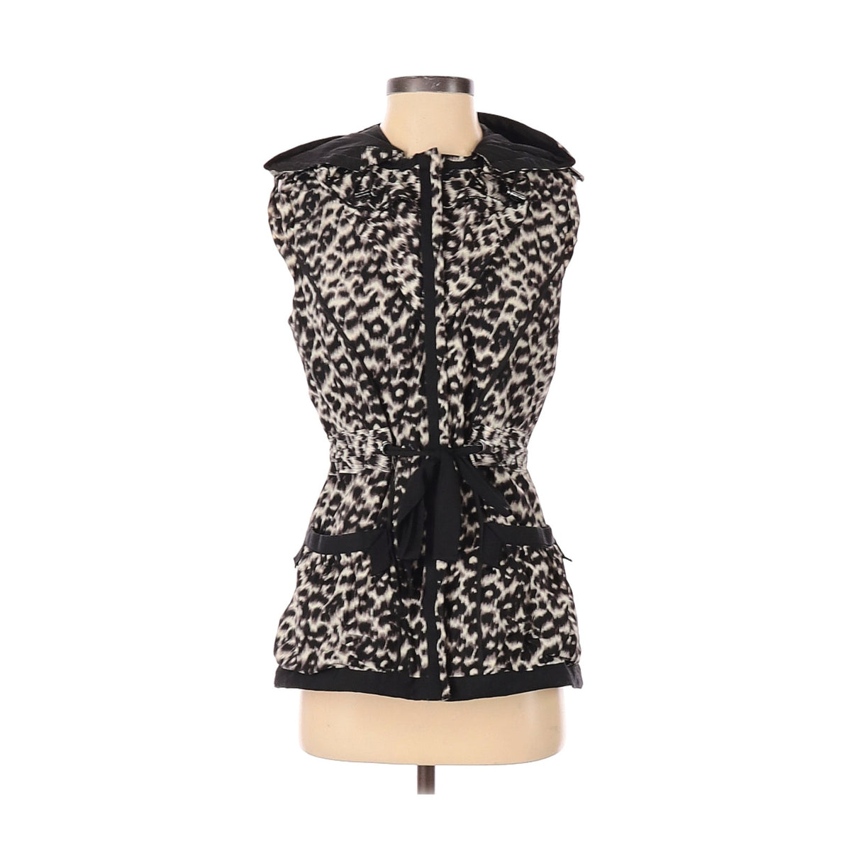 T Tahari Ruffle Hooded Tie Waist Sleeveless Vest Small animal print leopard