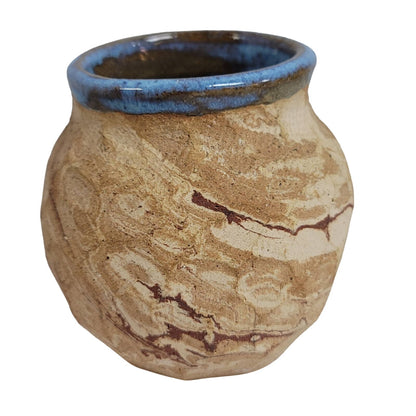 Art pottery clay vase shell imprinted earth tones Blue glaze Inside 4" handmade
