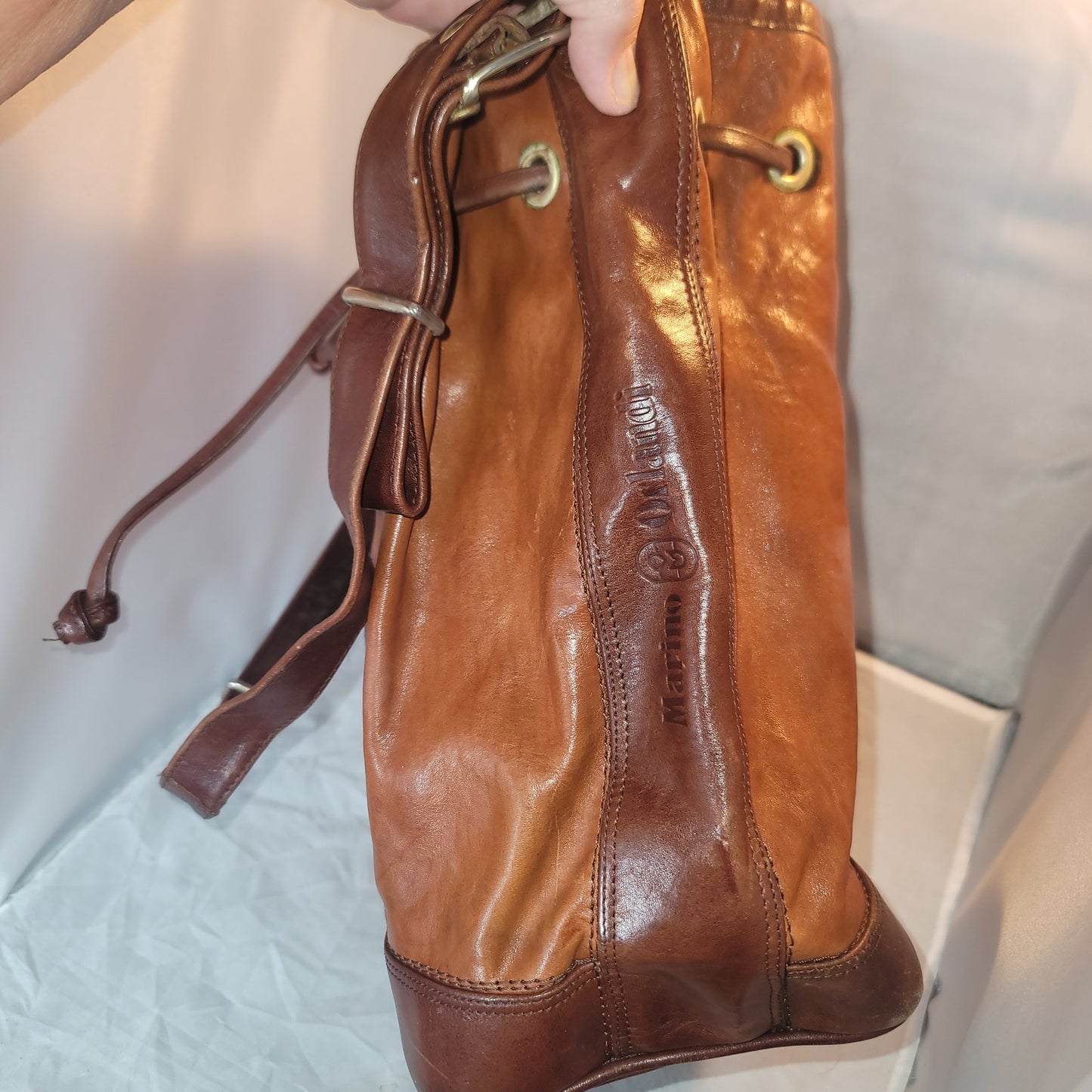 Marino Orlandi Leather Italian Bucket Bag NewBuck Cognac Drawstring Purse tartan
