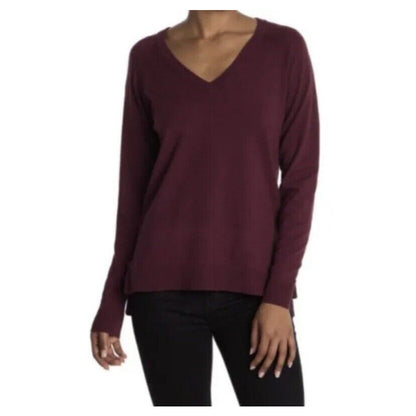 Bobeau Women's Classic V Neck Pullover Sweater Top Large Berry Red NWT High Low