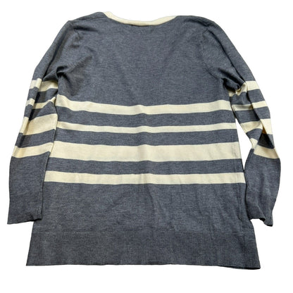 Cotton Emporium Womens Cardigan Sweater Medium Grey/Cream Stripe NEW Lightweight