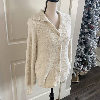 Susina Fuzzy Large Cream button up long sleeved sweater collar Ivory Dove NEW