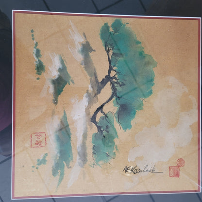 Ann Kozeliski Sum-e Japanese bonsai landscape framed bamboo glass Original