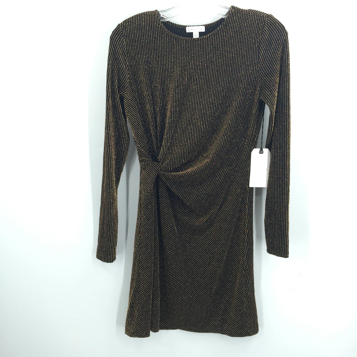 Leith Faux Wrap Mini Dress Long Sleeve Striped Black Metallic Gold Small SPARKLE