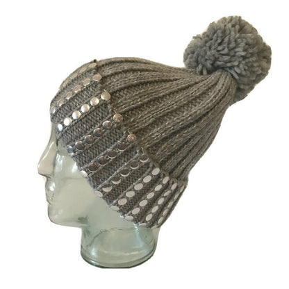 Flat-studded Pom Pom Beanie Silver Winter Cap Hat NEW