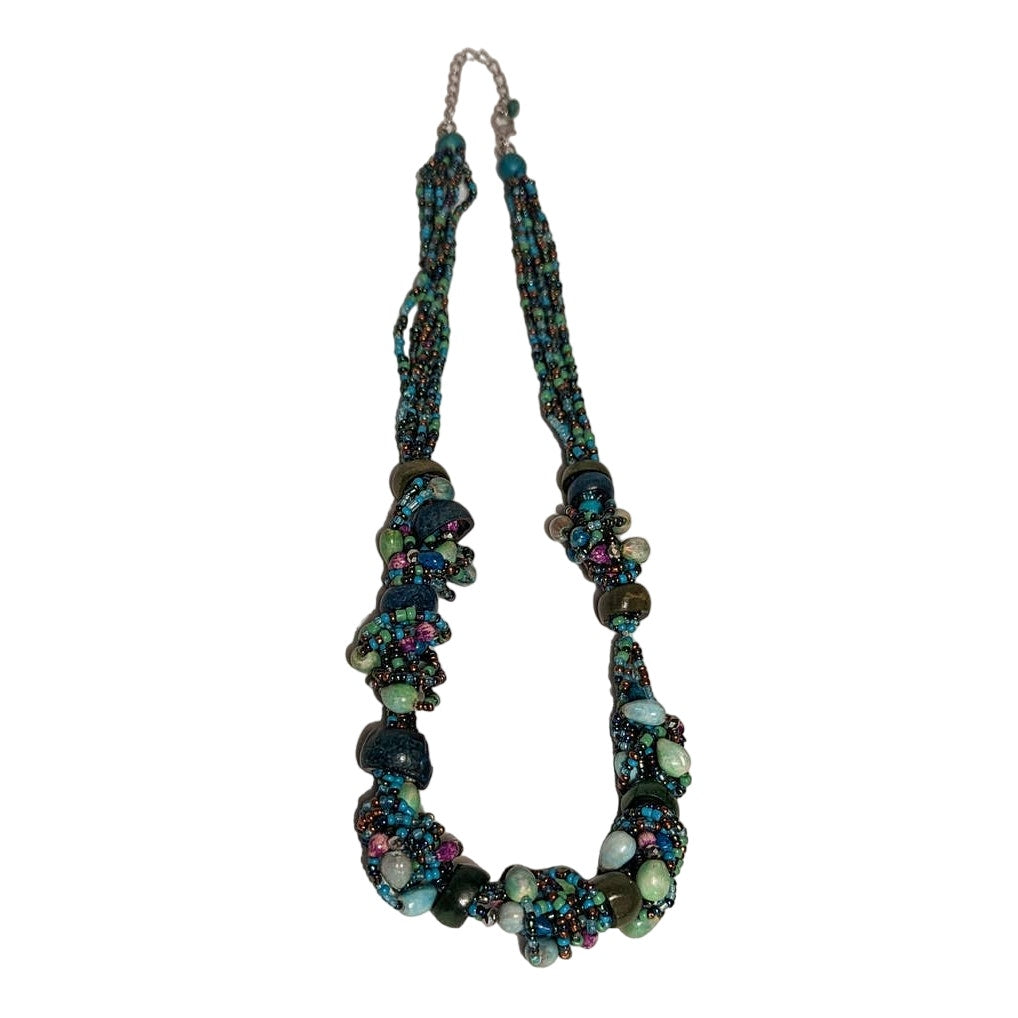 Vintage Cluster Funky Beaded Necklace Glass Wood Costume Jewelry Blue Green BOHO