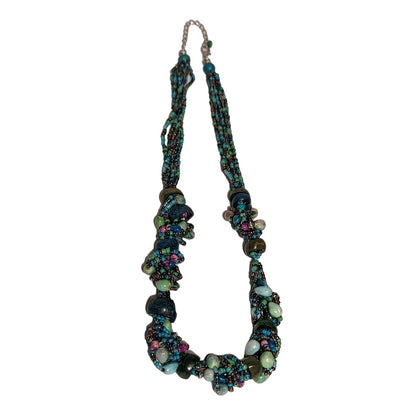 Vintage Cluster Funky Beaded Necklace Glass Wood Costume Jewelry Blue Green BOHO