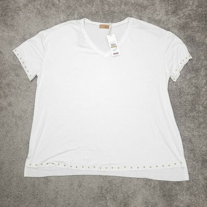 One A Women White/Cream Shirt Top 1X NEW V-neck Gold Stud Trim Short Sleeve Soft