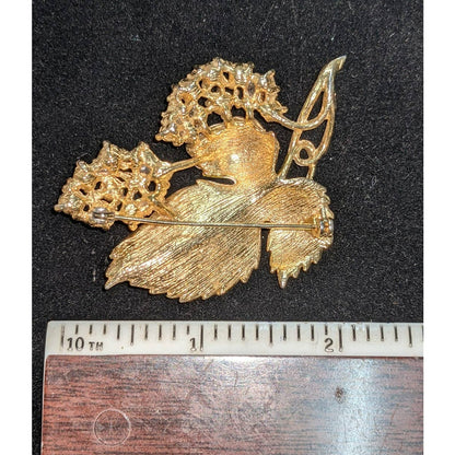 Vintage Enamel Rhinestone Grape Bunch Leaf Vine Brooch Pin Golden Tone