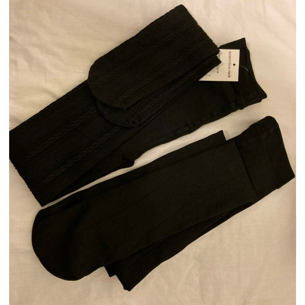 Nordstrom 2 Pair Girls Black Tights - Size 12-14 Black NWT One Cable One Plain