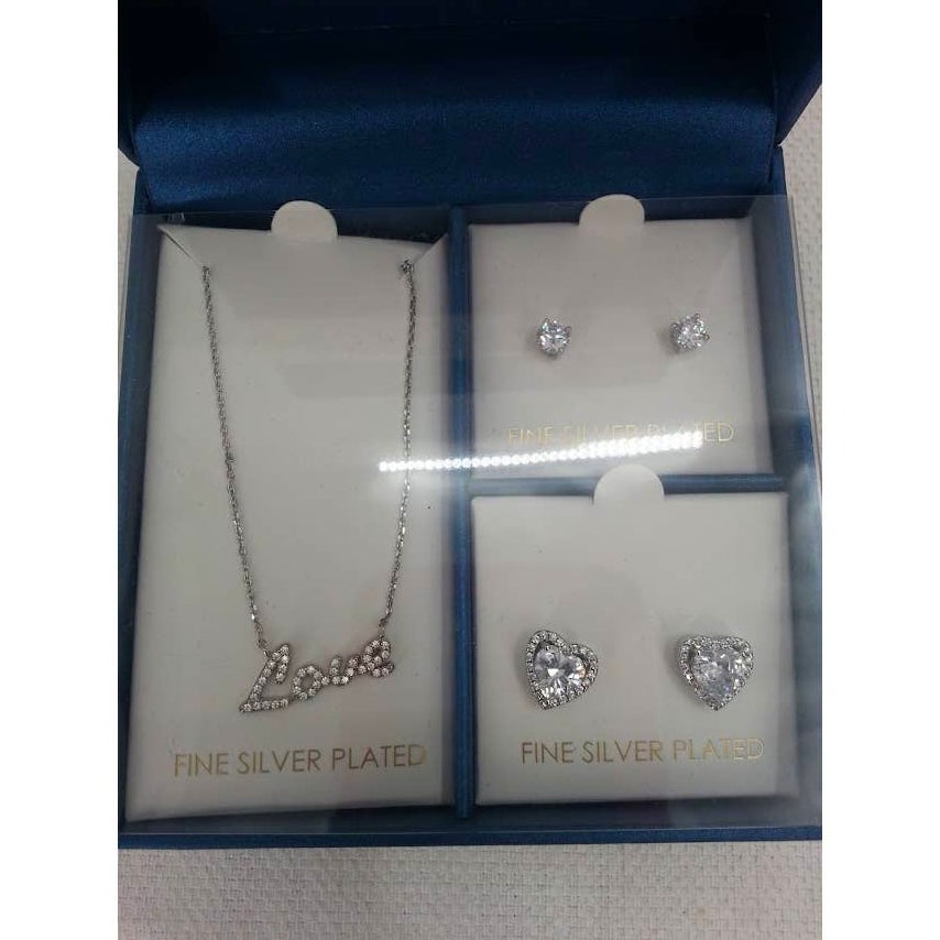 Gifted With Love Jewelry Set "Love" Necklace Heart Earrings Silver Plated NEW