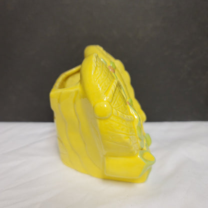 Vintage bonnet planter vase ceramic Hat Yellow green flowers Kitschy Collectible