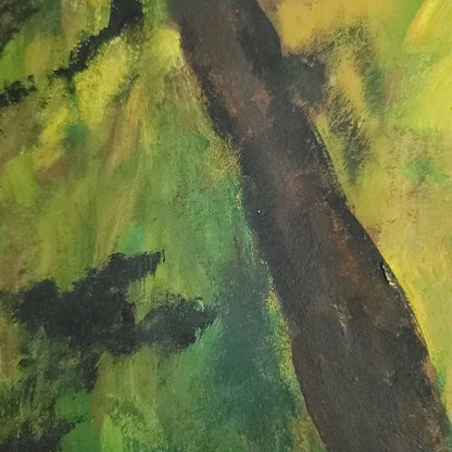 Vintage Oil Painting on board 2 women landscape Couple Sit Green Forest Scene
