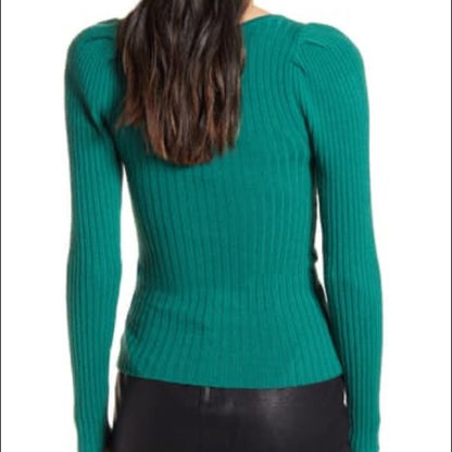 Leith NEW Green Ribbed Puff Sleeve Sweater XSmall Lightweight packable travel XS