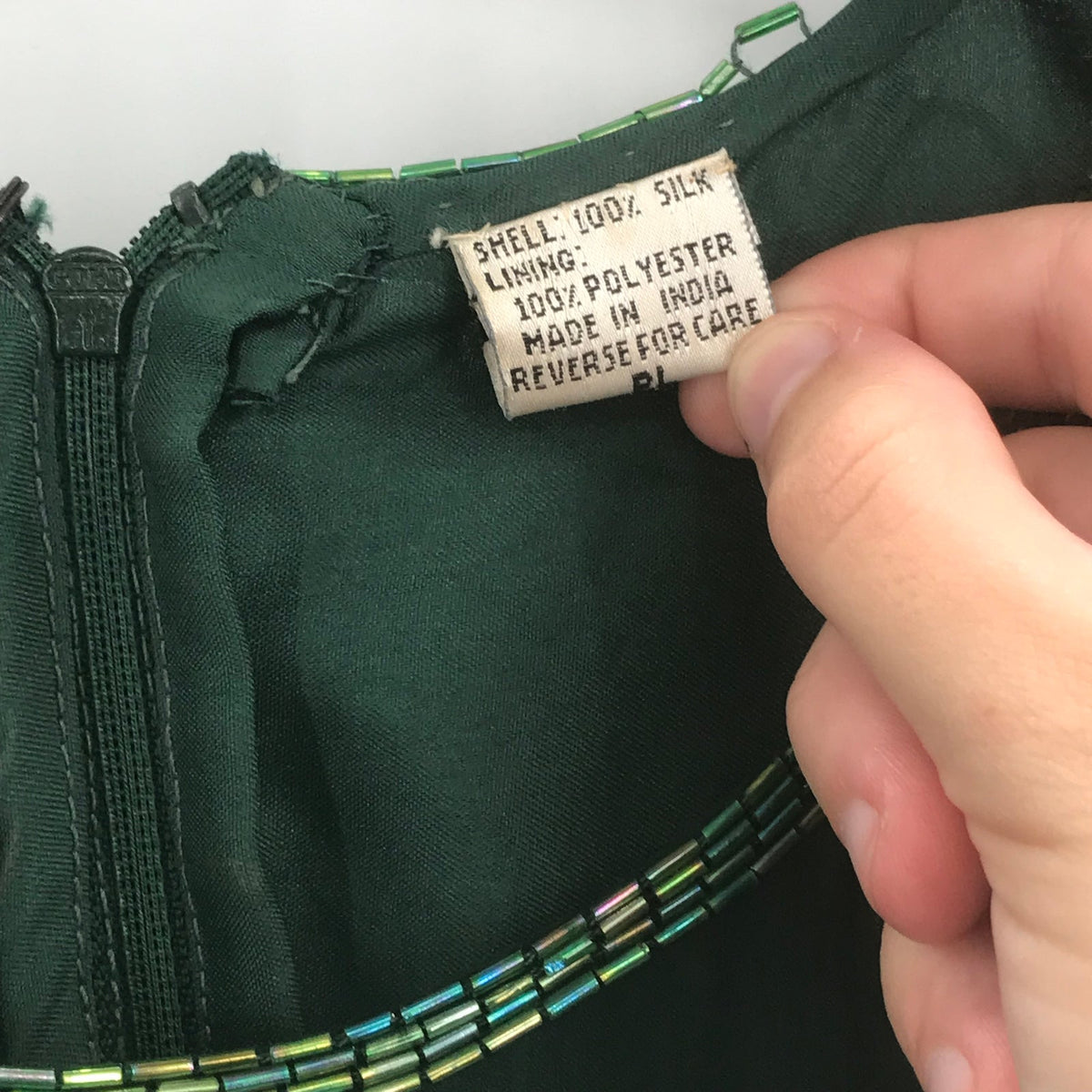 Vintage Denise Elle Sequin Beaded Scalloped Hem Sheath Dress Emerald Green Large