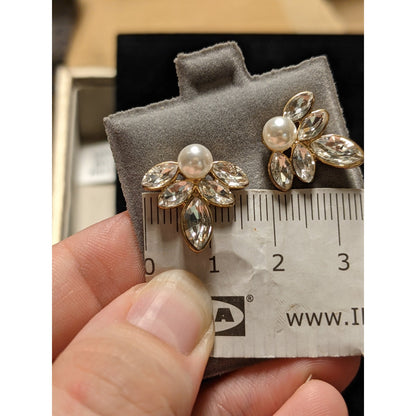 Vintage Faux Pearl Five Navette Post Earrings White Rhinestones Leaf Drop Shape