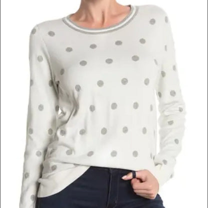 J. Crew Ivory Grey Polka Dot Crew Neck Pullover Size Small