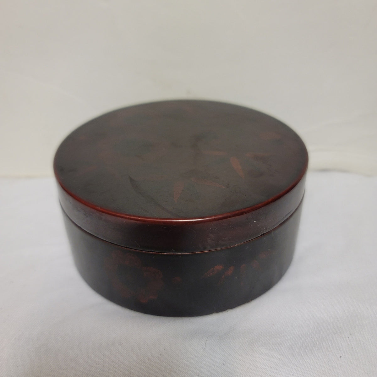 Red floral lacquer box round Vintage Asian powder lid 5" vanity makeup Glamour