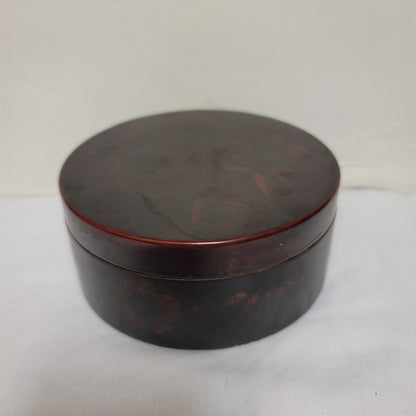 Red floral lacquer box round Vintage Asian powder lid 5" vanity makeup Glamour