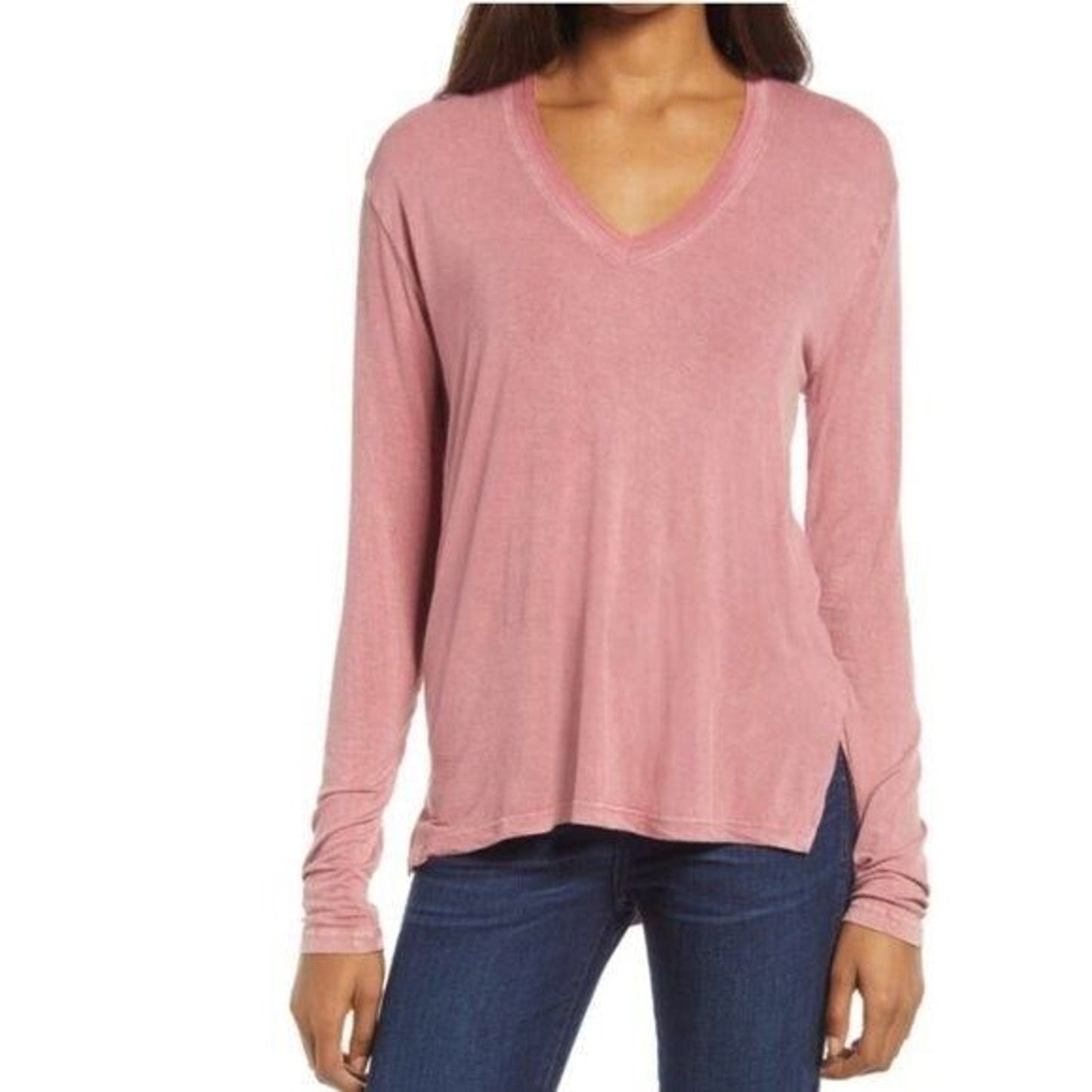 Treasure & Bond Mineral Wash V-Neck Long Sleeve Top XS/Extra Small Burgundy NWT