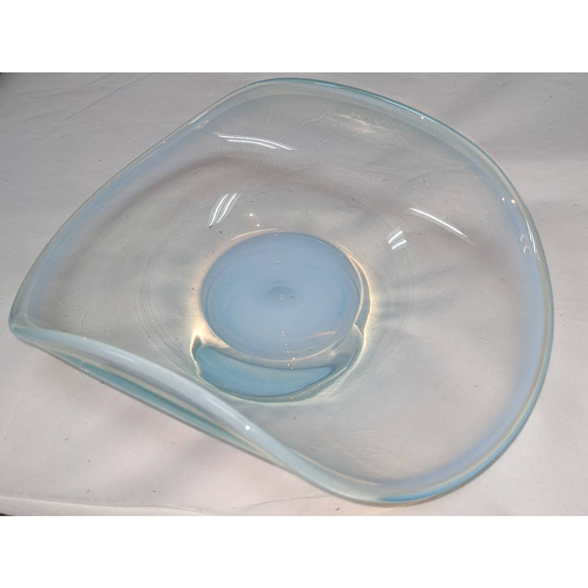 Blue Vaseline Glass Candy Trinket Tray Uranium Radiated Opalescent Curved Lip